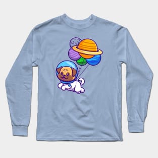 Cute Pug Dog Astronaut Floating With Planet Balloon Cartoon Long Sleeve T-Shirt